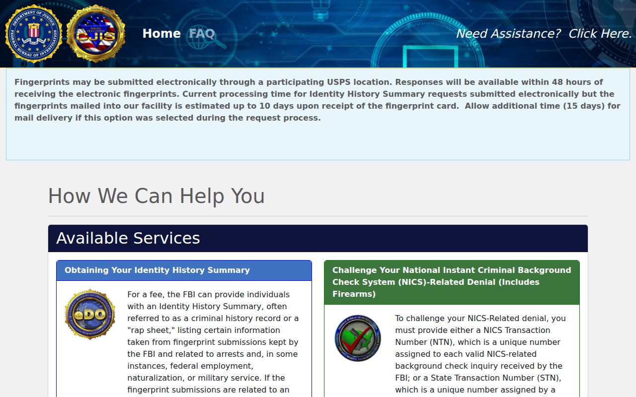 FBI identity history portal for a Rock County criminal record review