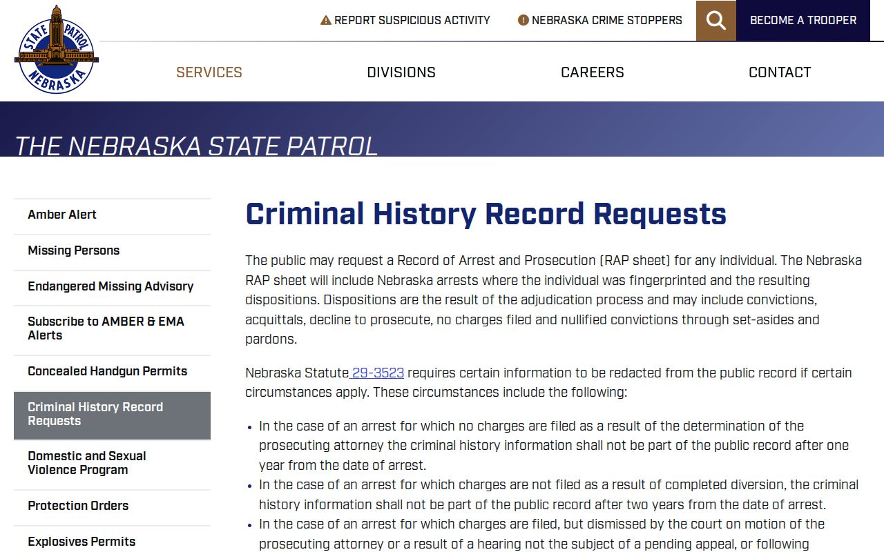 Nebraska State Patrol request methods for Rock County criminal history